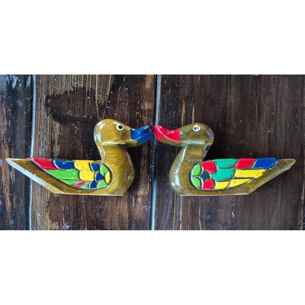 Vintage Korean Wedding Ducks Mandarin Pair Hand Painted Wood Love Gift Decor